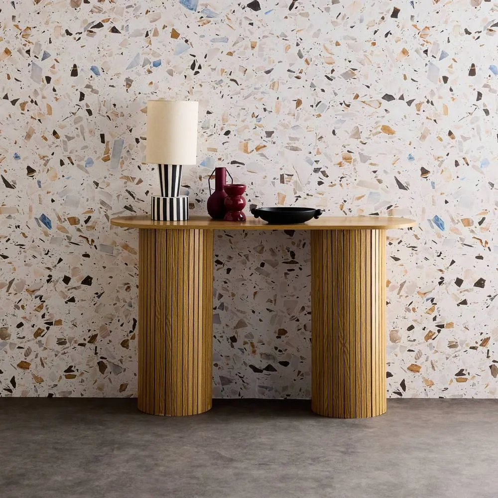 sweeek Scandinavian oval console with grooved wooden effect in Beige 3