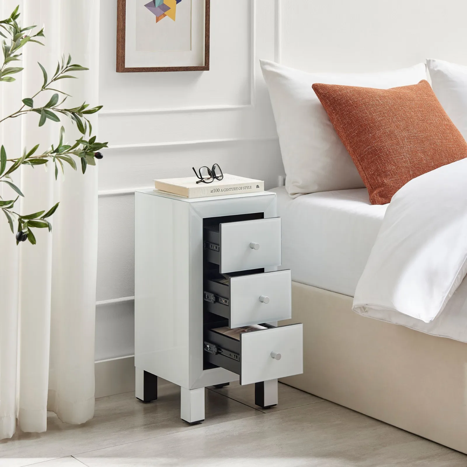 FurnitureboxUK Lexi Small Slimline 3 Drawer Wooden Bedside Table With A Modern Mirrored Finish in White 3