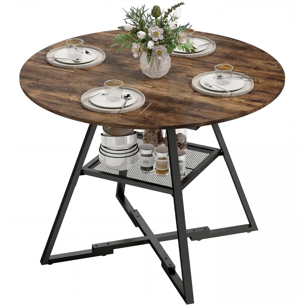 HOMCOM Round Dining Table for 4, 100 cm Kitchen Table w/ Shelf, Rustic Brown 2