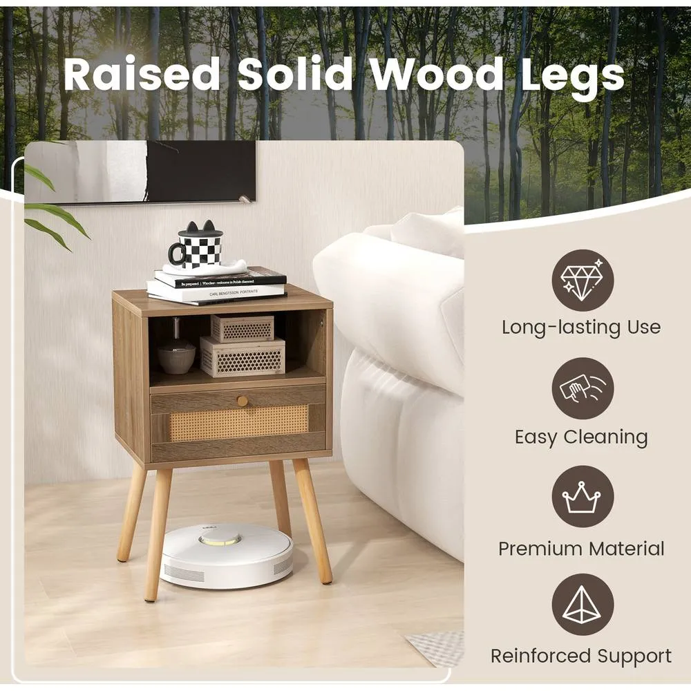Costway Rattan Nightstand Boho End Table Drawer Shelf-Natural in Brown 6