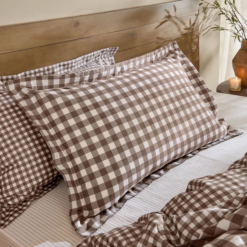 Yard Barton Gingham Check 100% Cotton Reversible Duvet Cover Set in Brown 3