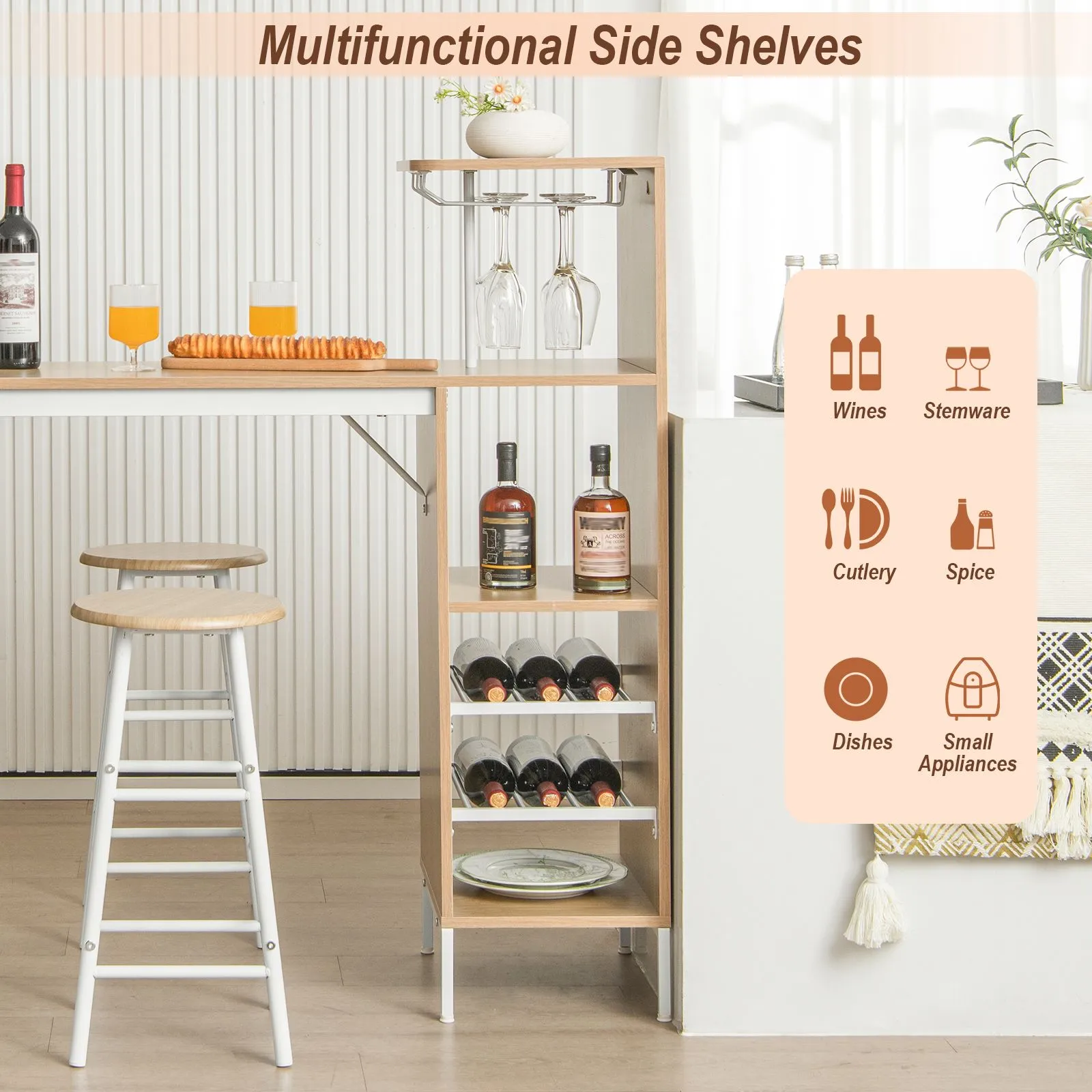 Costway 3PCS Bar Table Chair Set Industrial Dining Table Stools w/ Glass Holders & Wine Racks in Brown 4