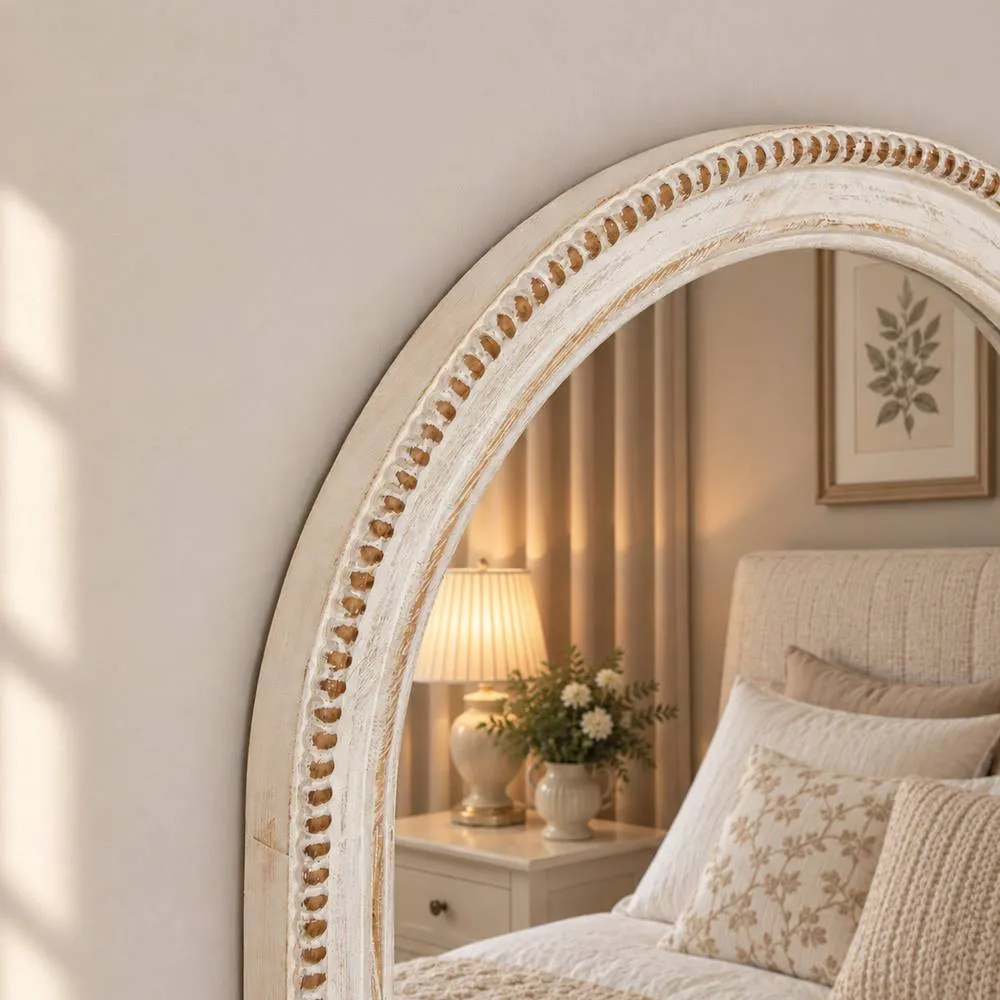 Melody Maison White Washed Distressed Wooden Beaded Frame Wall Mirror - 40cm X 60cm in Cream 2