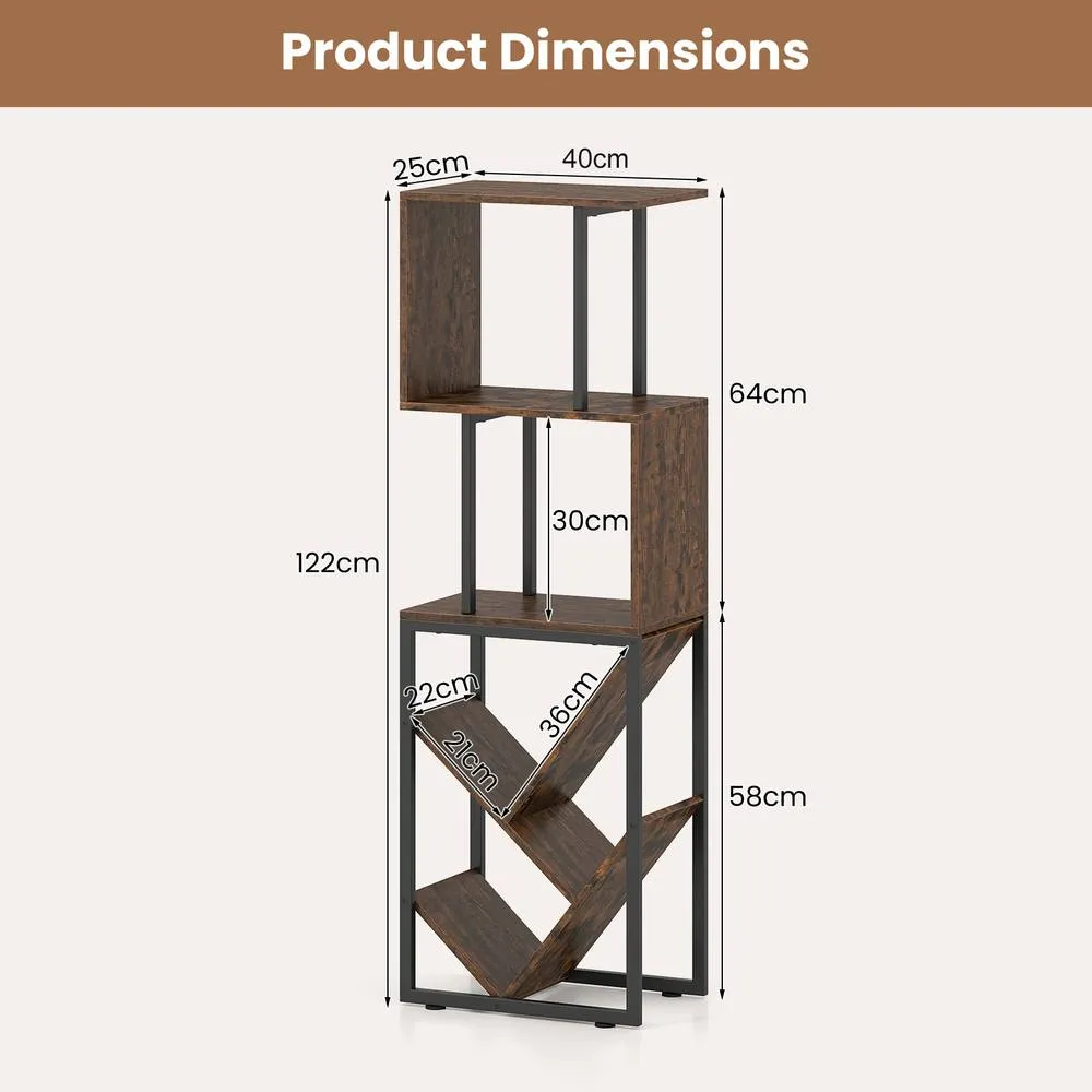 Costway 6-Tier Bookshelf Industrial Bookcase Wooden S-Shaped Storage Organizer in Brown 2