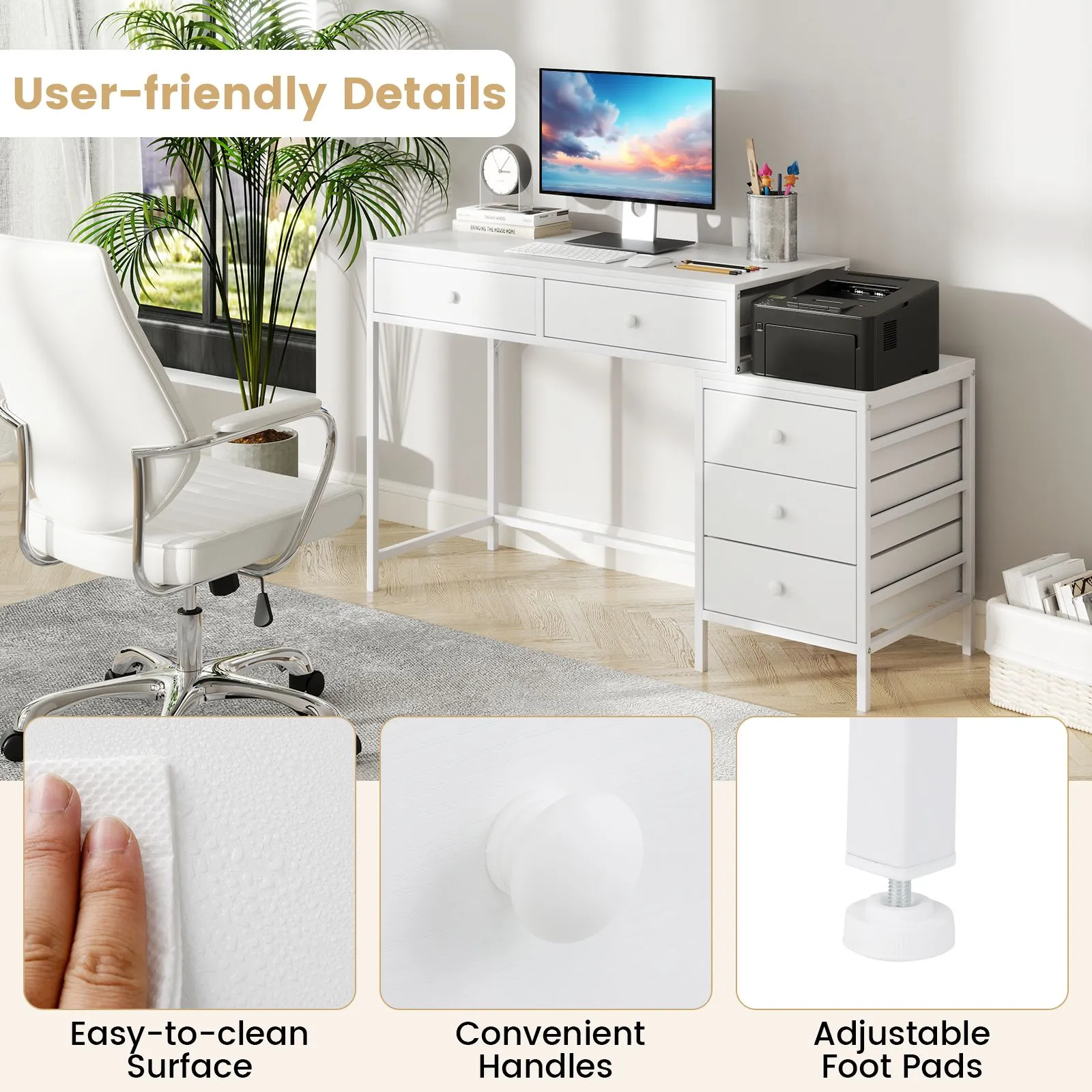 Costway Computer Desk Home Office Desk w/ Side File Cabinet & 5 Drawers in White 5