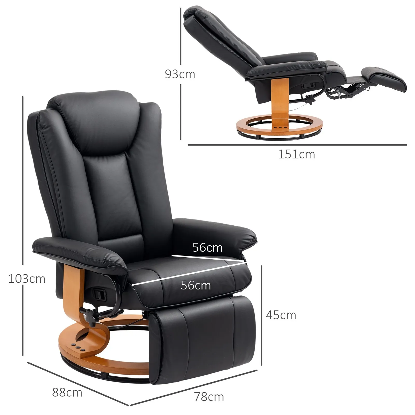 HOMCOM PU Leather Reclining Armchair with Footrest for Living Room in Black 3