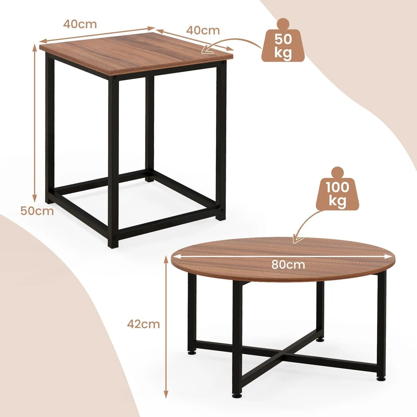 Costway Set of 3 Modern Coffee Table Set Round Coffee Table & 2PCS Square End Tables in Brown 2