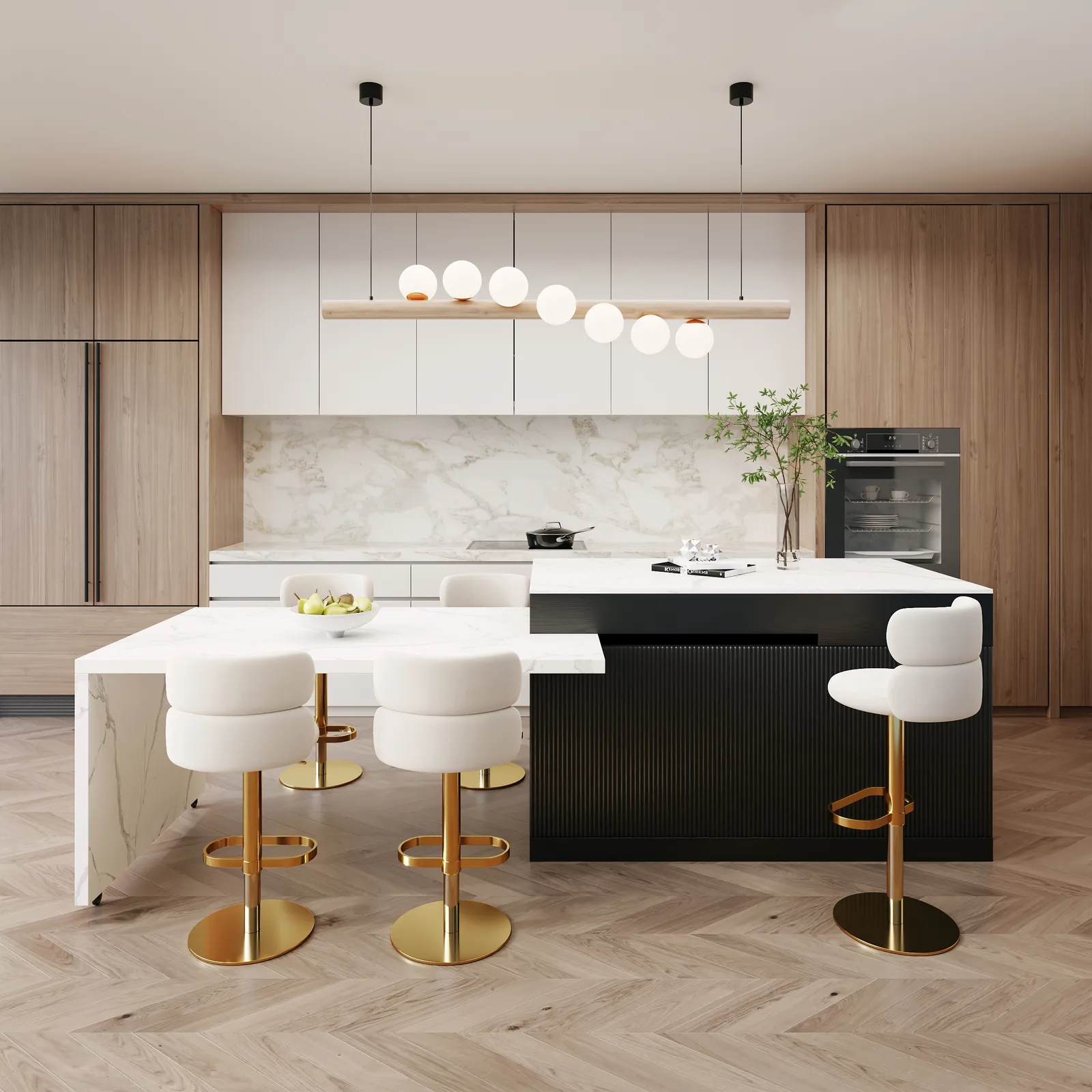 205 - 284 cm Modern Extendable White Marble Pattern Kitchen Island with Doors and Drawers