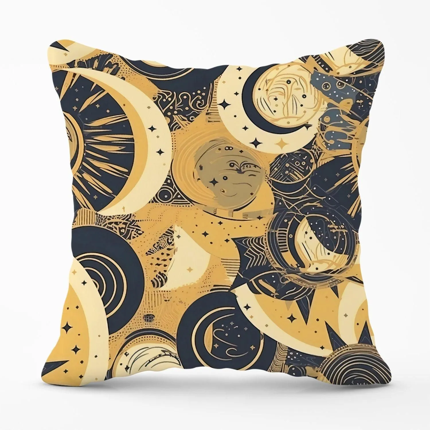 Warren Reed - Designer Blue Gold Moon & Sun Outdoor Cushion in Yellow