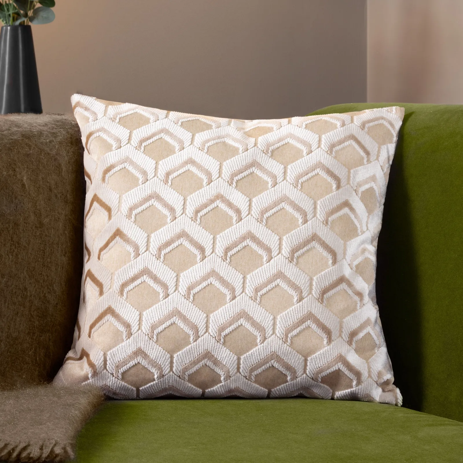 Paoletti Ledbury Geometric Velvet Cushion in Taupe 1
