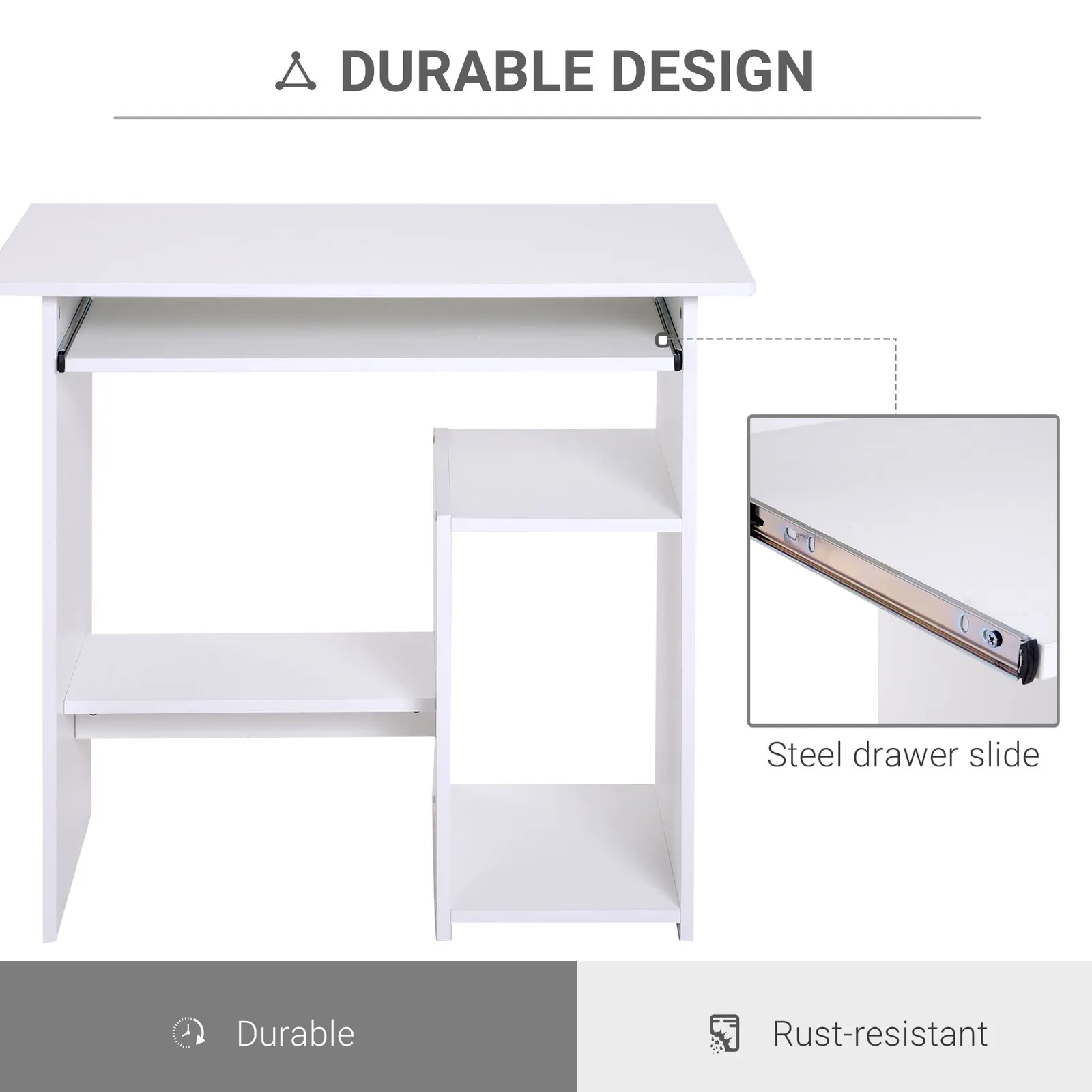 HOMCOM Compact Small Computer Table Wooden Desk Keyboard Tray Storage in White 4