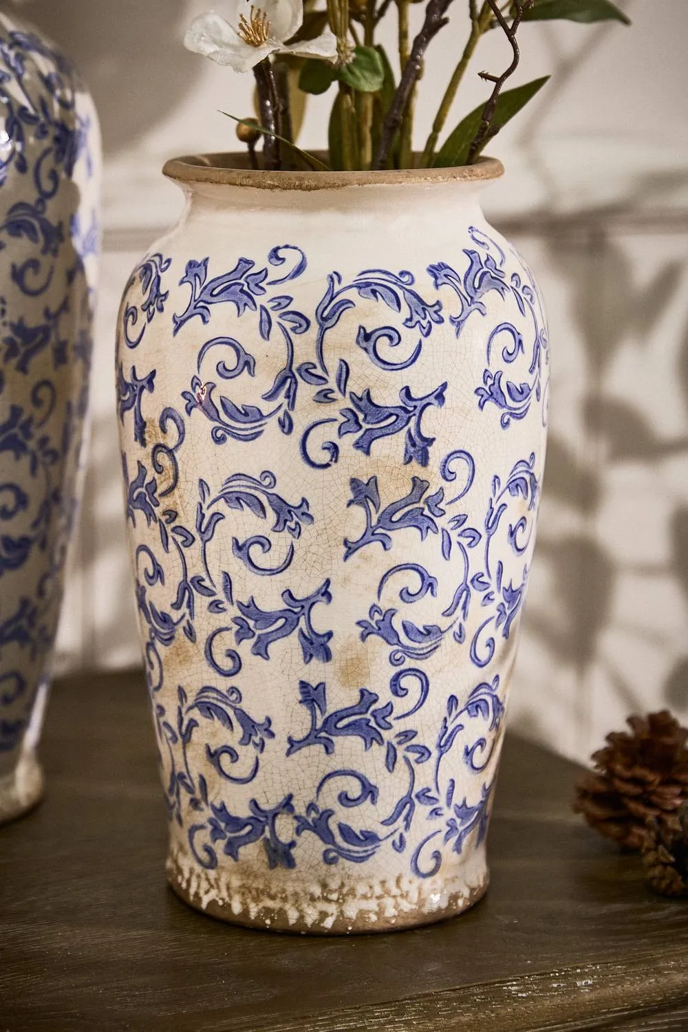 Dibor Vintage Solene Blue Small Botanical Flower Urn Vase H29 x Dia16cm in Cream 2