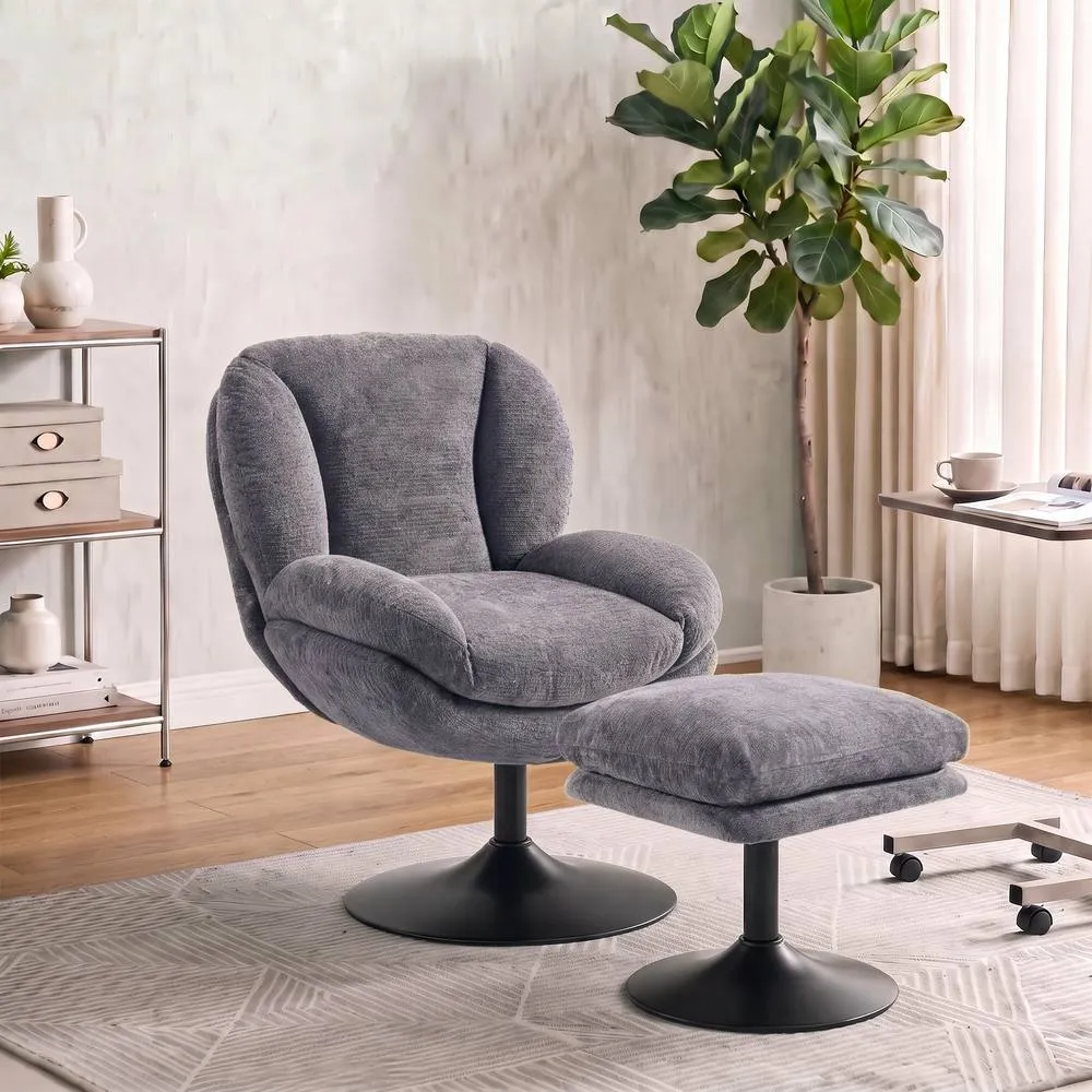 HOMCOM Chenille Lazy Chair with Ottoman, 360° Swivel, Dark Grey 2