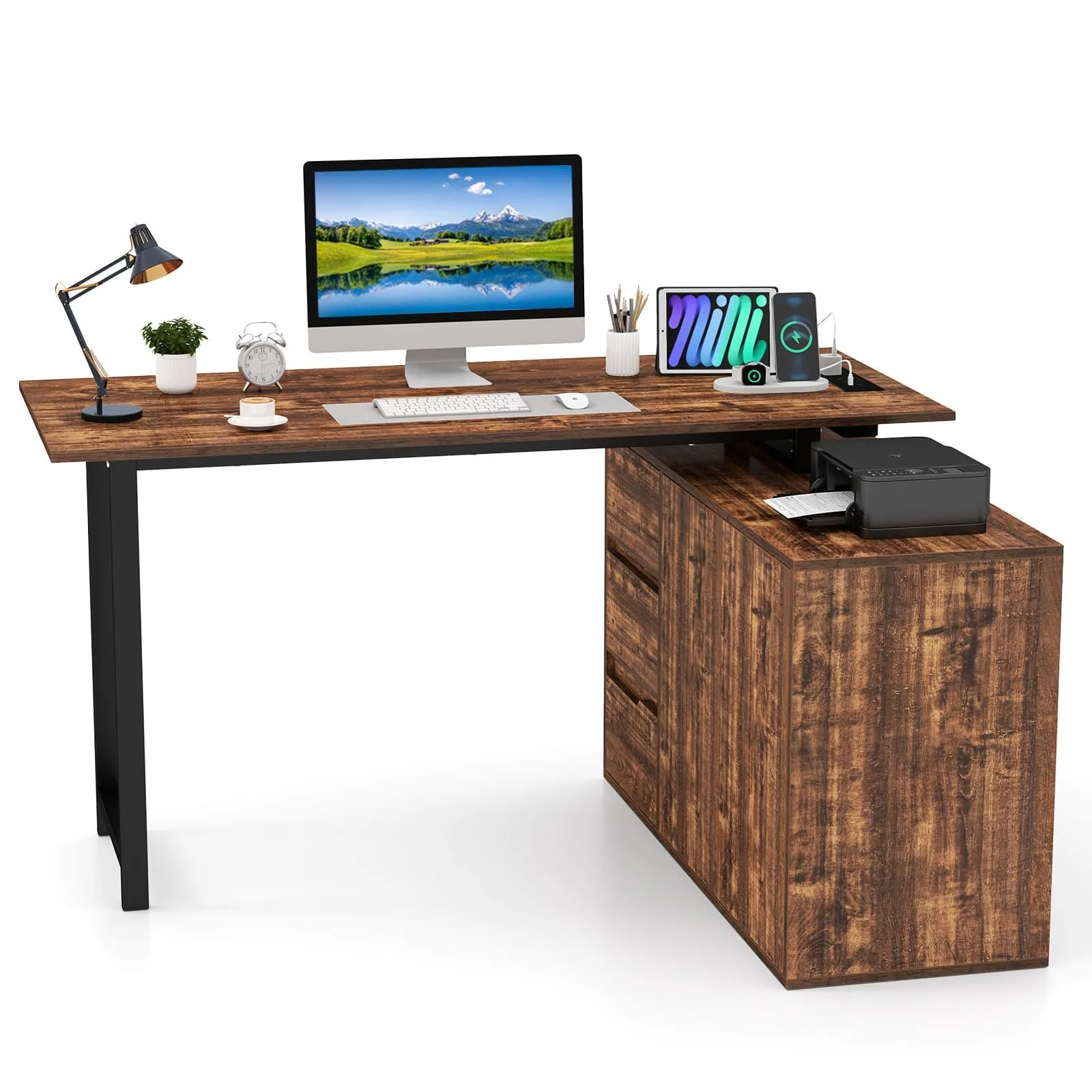 Costway L-Shaped Desk 138 cm Reversible Corner Computer Desk-Coffee in Brown