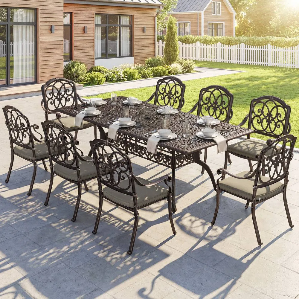 OUTSUNNY 9 Piece Cast Aluminium Garden Dining Set with Cushions, Bronze Tone