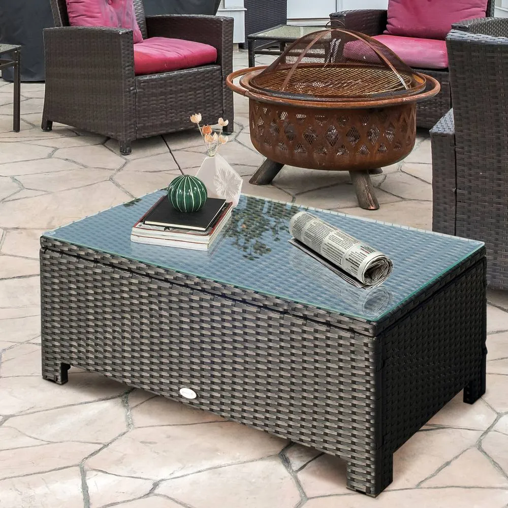 OUTSUNNY Garden Rattan Side Table, Wicker Coffee Desk, Glass Top in Black 1