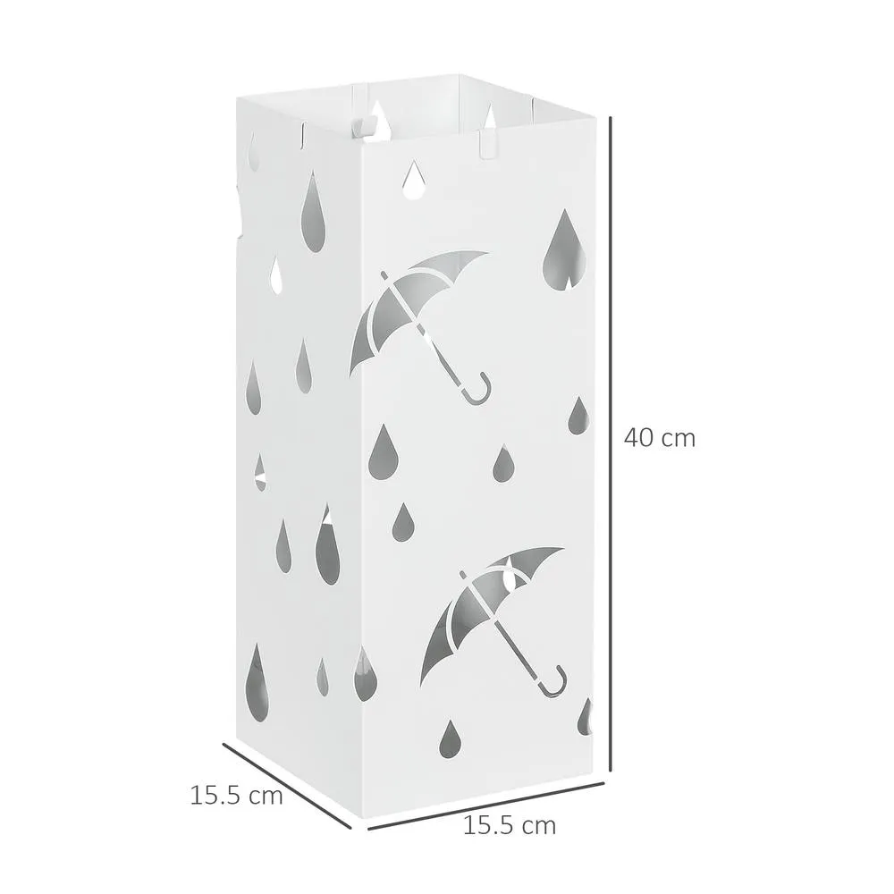 HOMCOM Metal Umbrella Stand, Square Umbrella Basket with 4 Hooks Drip Tray White 3