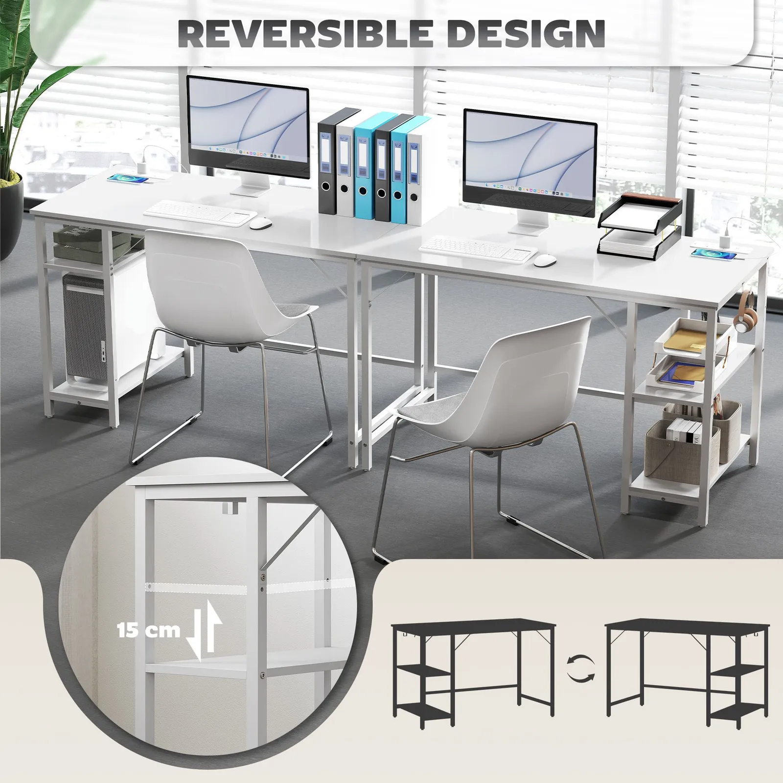 HOMCOM 120 x 60 cm Home Office Desk Reversible Study Table for Bedroom White 6