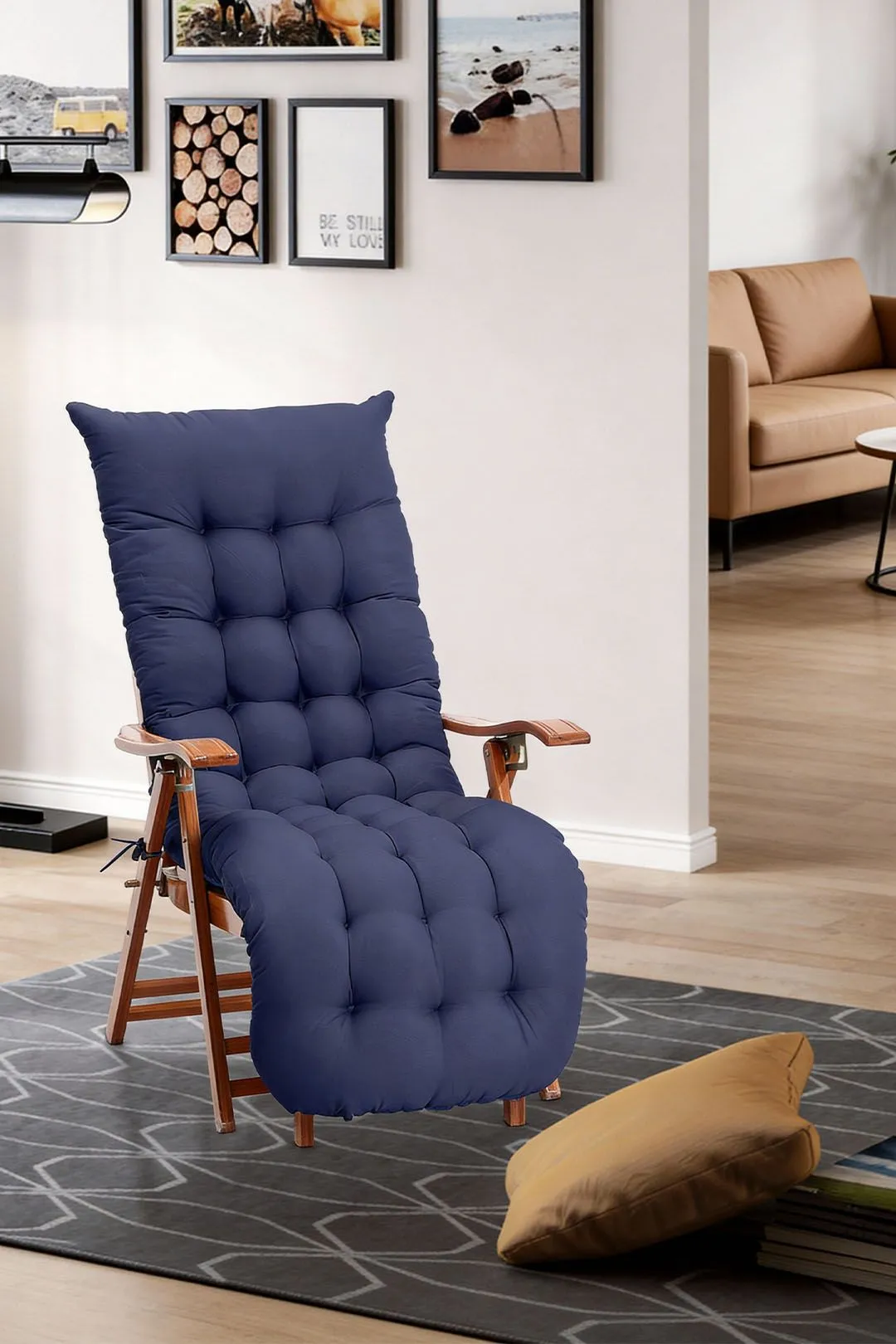 Living and Home 160x50cm Dark Blue Outdoor Sun Lounger Cushion with Slip-Over Back & Side Tie Straps