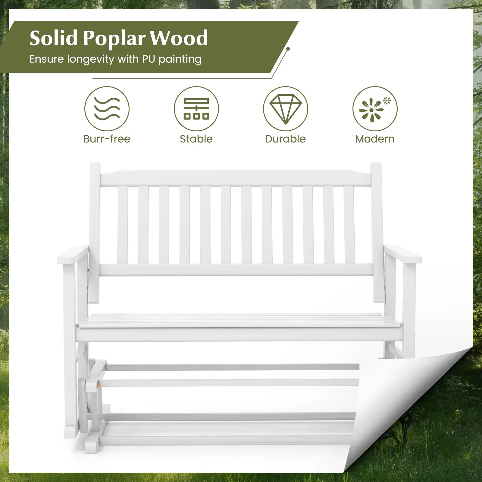 Costway 2 Seats Outdoor Glider Bench Poplar Wood Patio Swing Glider Loveseat Chair with Armrests in White 2