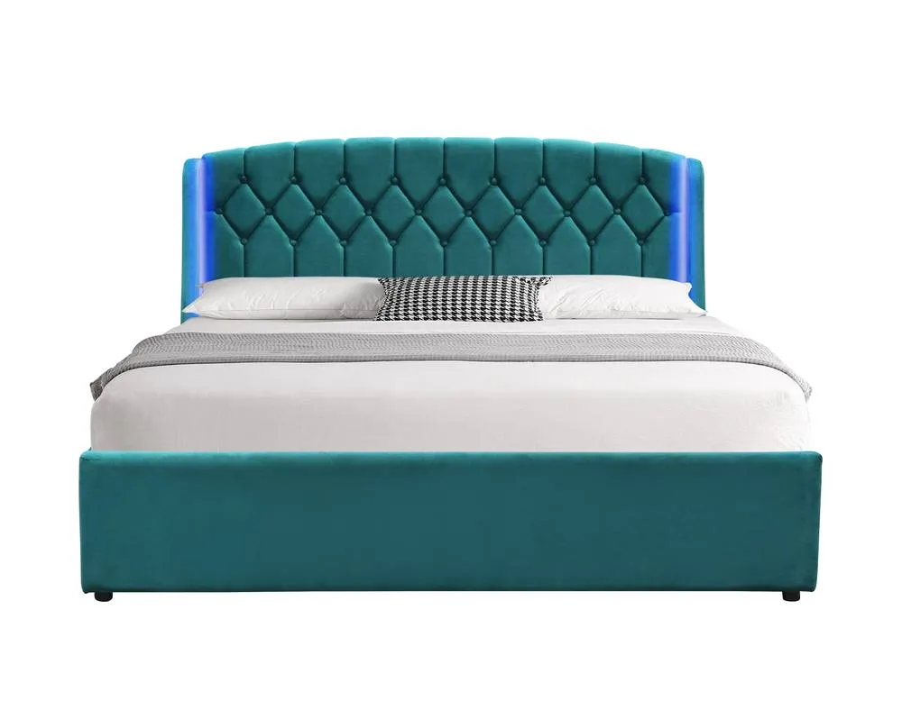 Comfy Living Ltd Fabric Gaslift Bedframe With LED Headboard Feature in Green 2