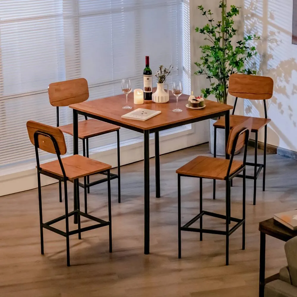 Costway 5PCS Industrial Dining Table Set Kitchen Bar Counter Height Table & 4 Stools in Brown 3