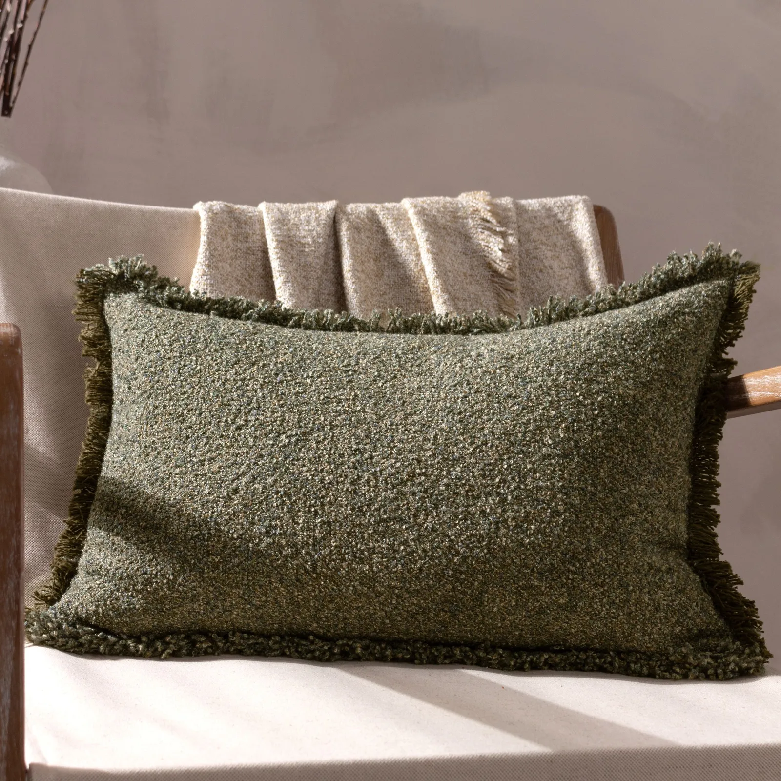 Yard Doze Woven Fringed Cushion in Dark Green 1