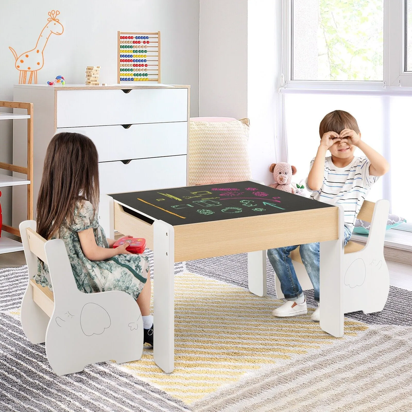 Costway Table & Chair Set Activity Desk 2 Chairs with Reversible Blackborad in White 5