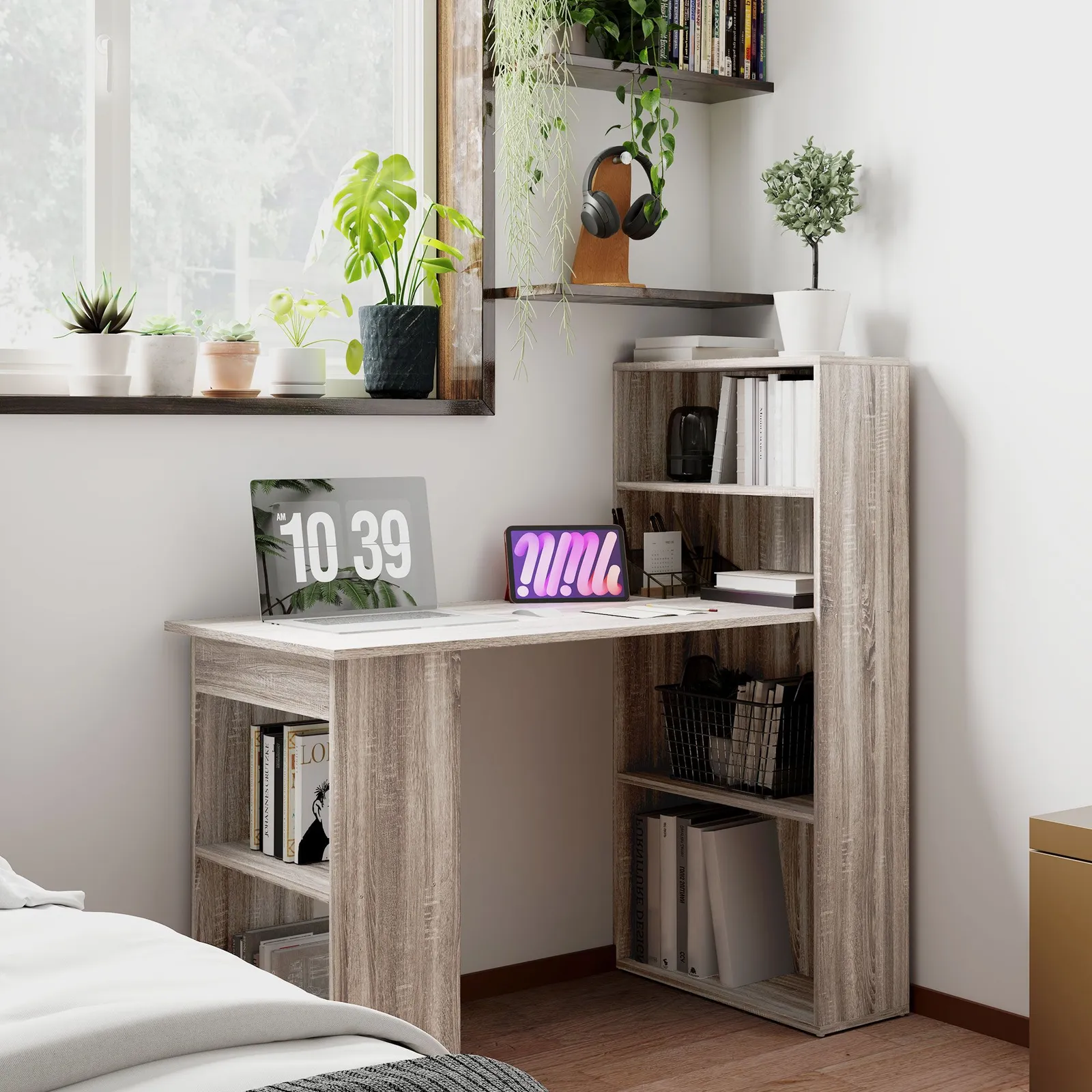 HOMCOM 120cm Computer Desk Bookshelf Writing Table 6 Shelves Grey