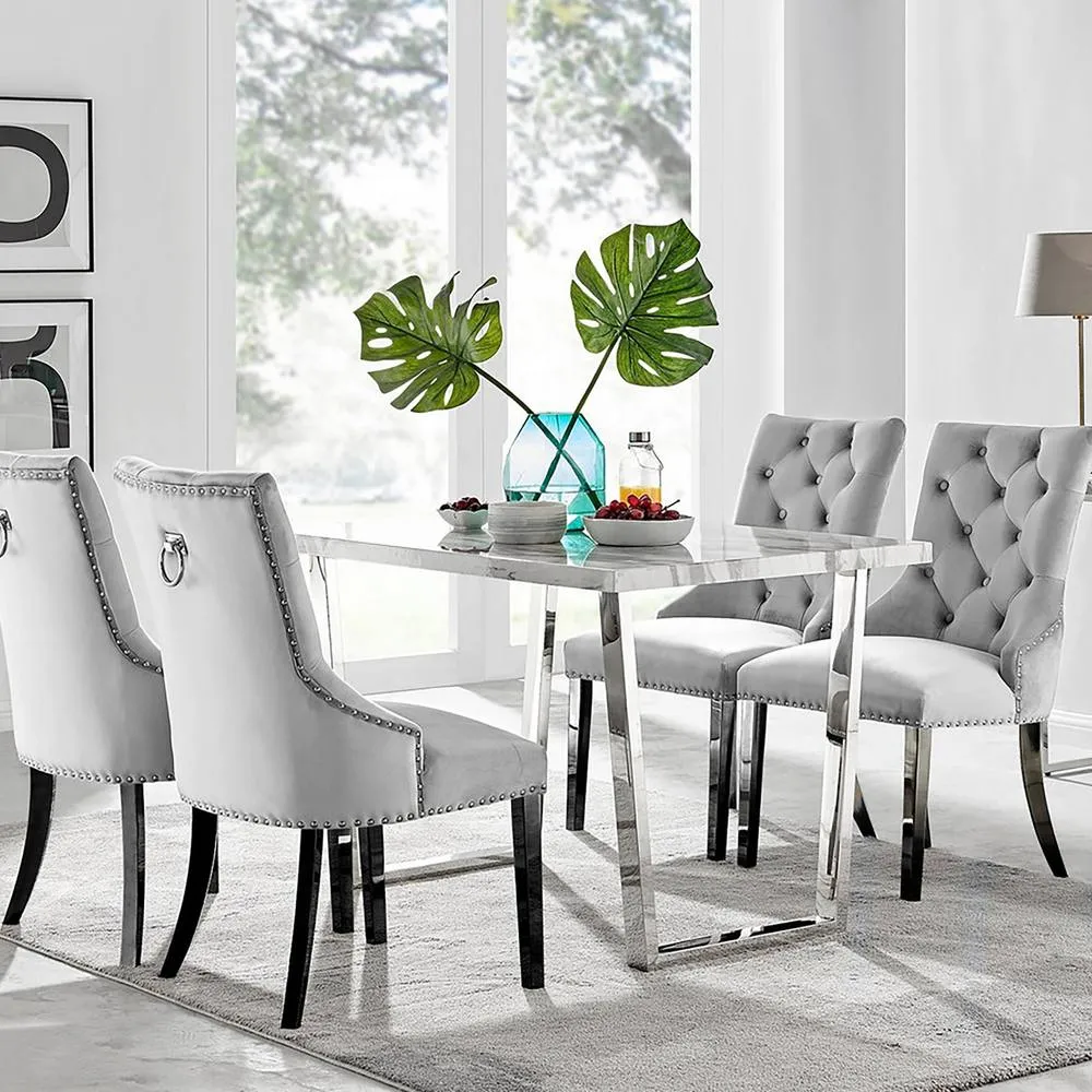 FurnitureboxUK Kylo White Marble Effect Table & 4 Grey Belgravia Black Leg Chairs