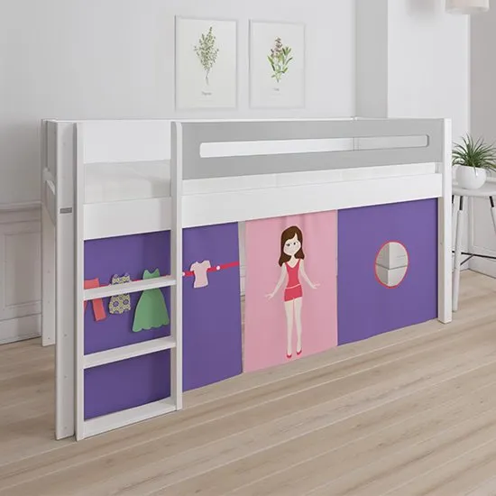 Morden Kids Mid Sleeper Bed In Silver Grey With Doll Curtain