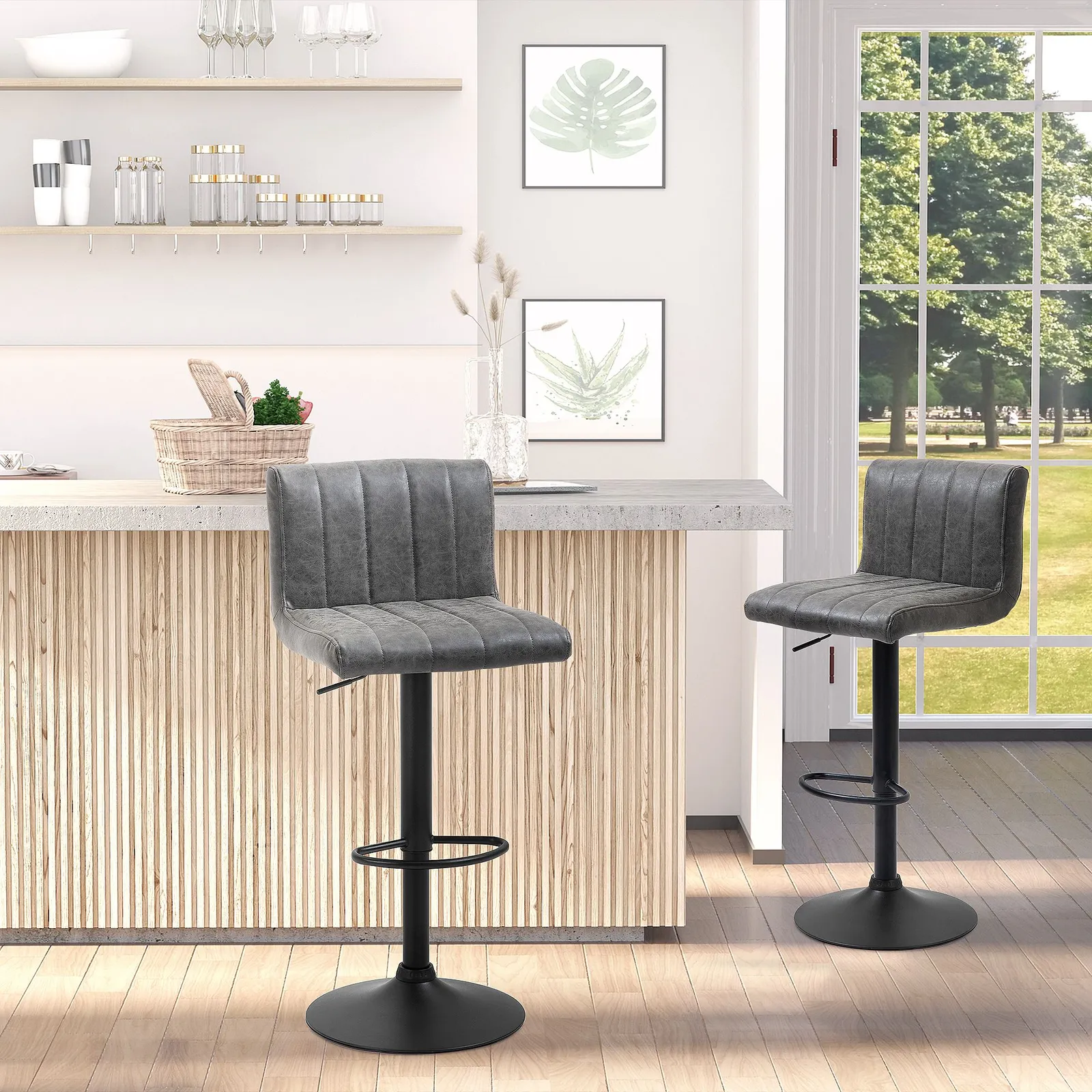 HOMCOM Set of 2 Adjustable Height Swivel PU Leather Counter Bar Chairs in Grey 4
