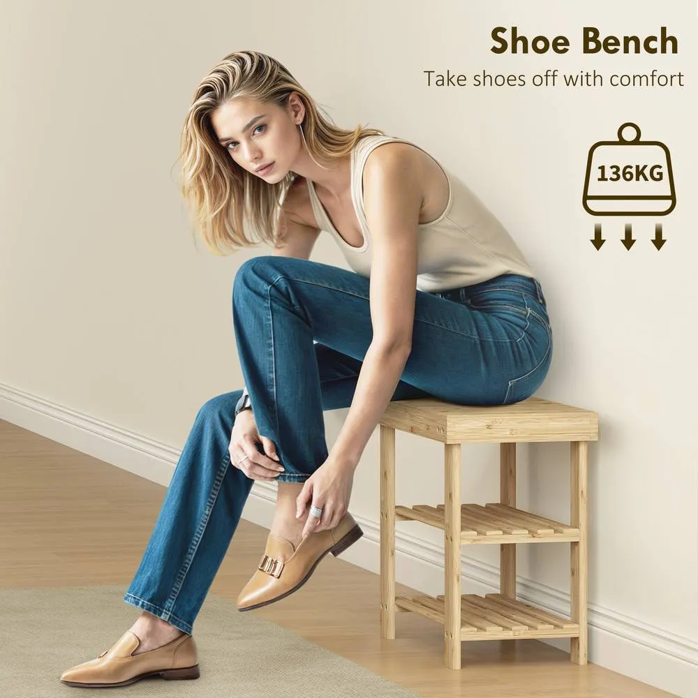 HOMCOM 3-Tier Bamboo Shoe Bench with 2 Shelves for Entryway, Wood Finish in Natural 6