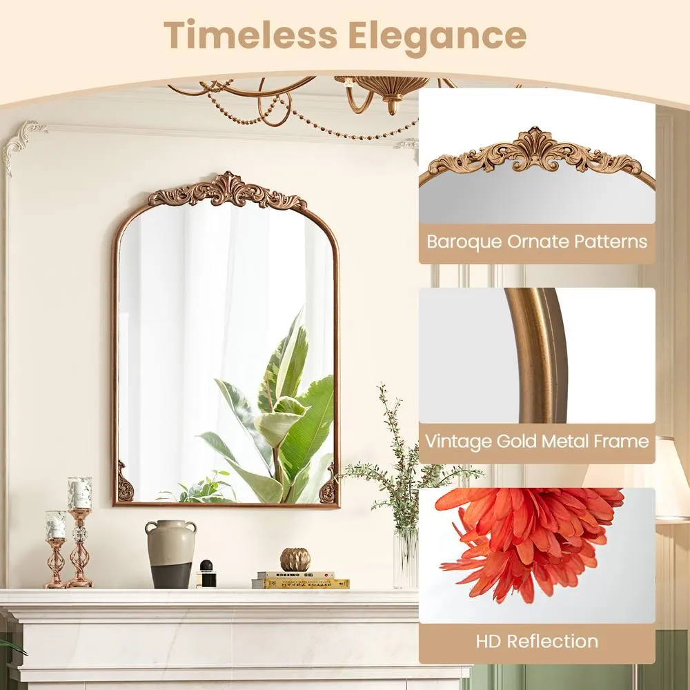 Costway Antiqued Gold Wall Mirror 95cm x 66cm Dramatic Arched Mirror 3