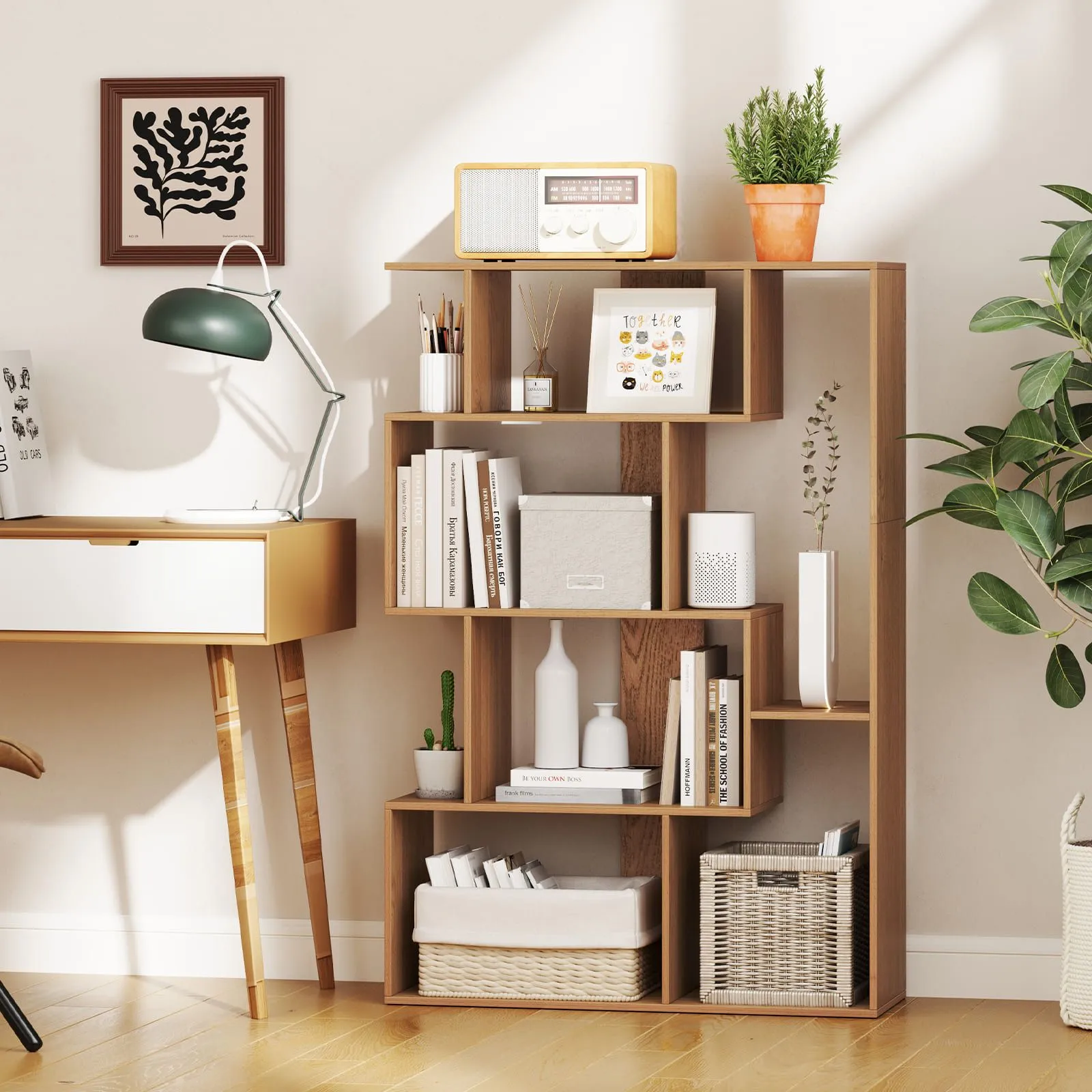 Costway Open-back Geometric Bookshelf Home 6-Cube Large Bookcase in Natural 3
