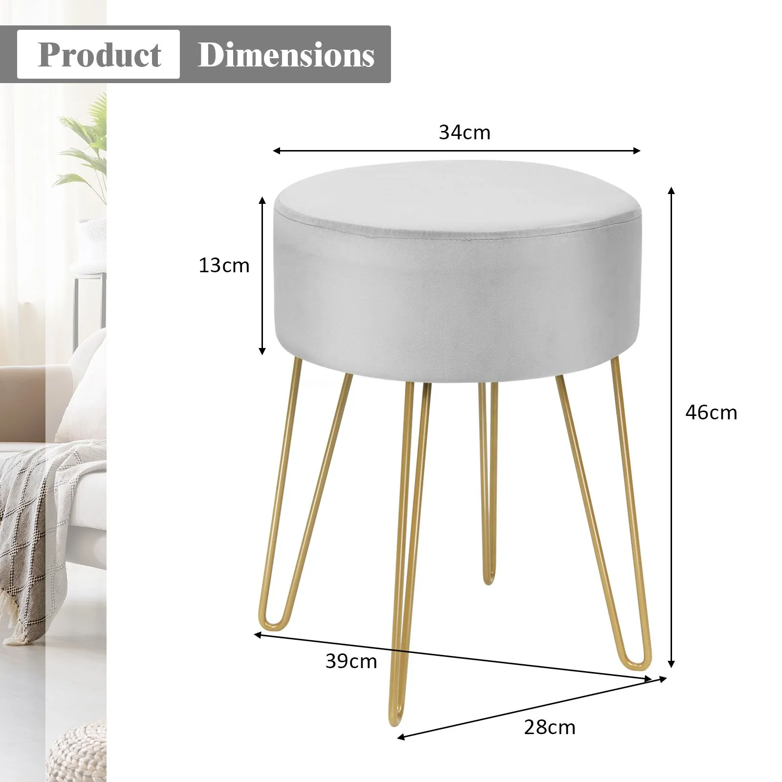 Costway Velvet Modern Round Footstool Ottoman Footrest Makeup Dressing Chair Seat Home in Grey 2