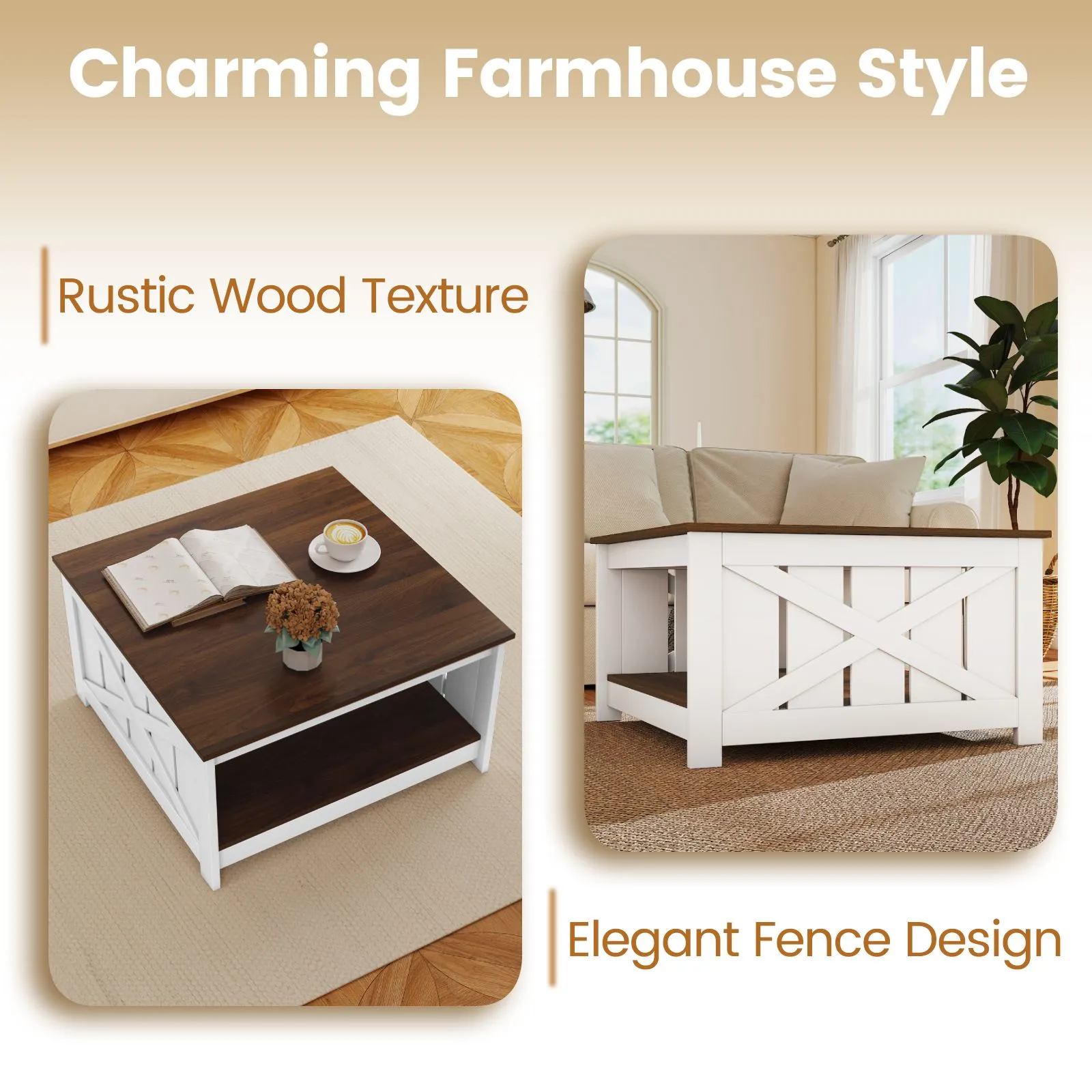 Costway Farmhouse Coffee Table 31" Square Coffee Table w/Storage Shelf 5