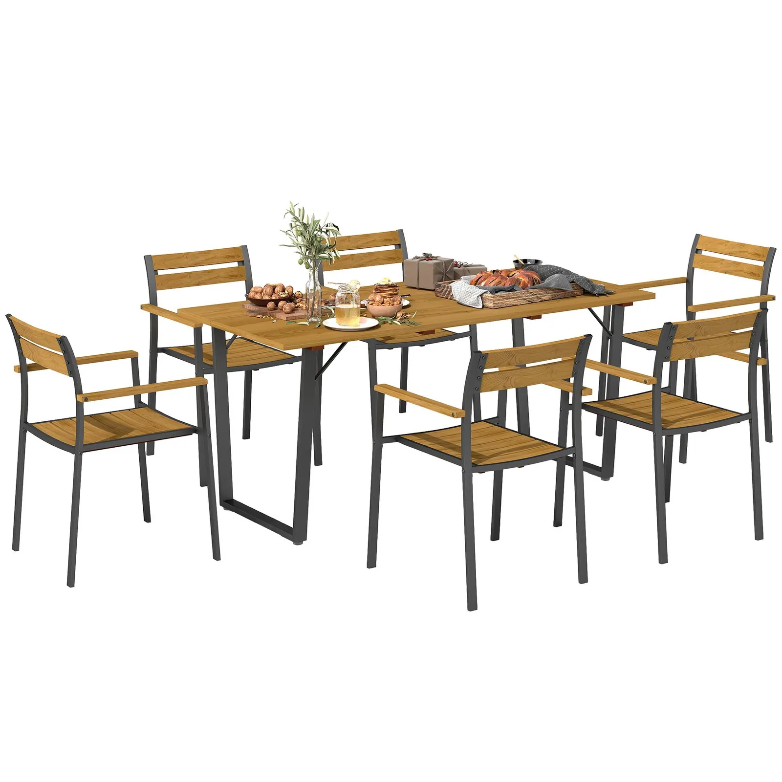 OUTSUNNY 7 Piece Garden Dining Set with Table & 6 Stackable Chairs, Brown 2