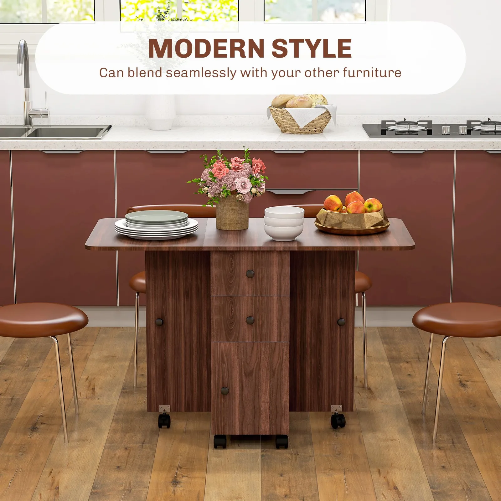 HOMCOM Folding Dining Table for 4-6 Drop Leaf Table on Wheels Brown 4