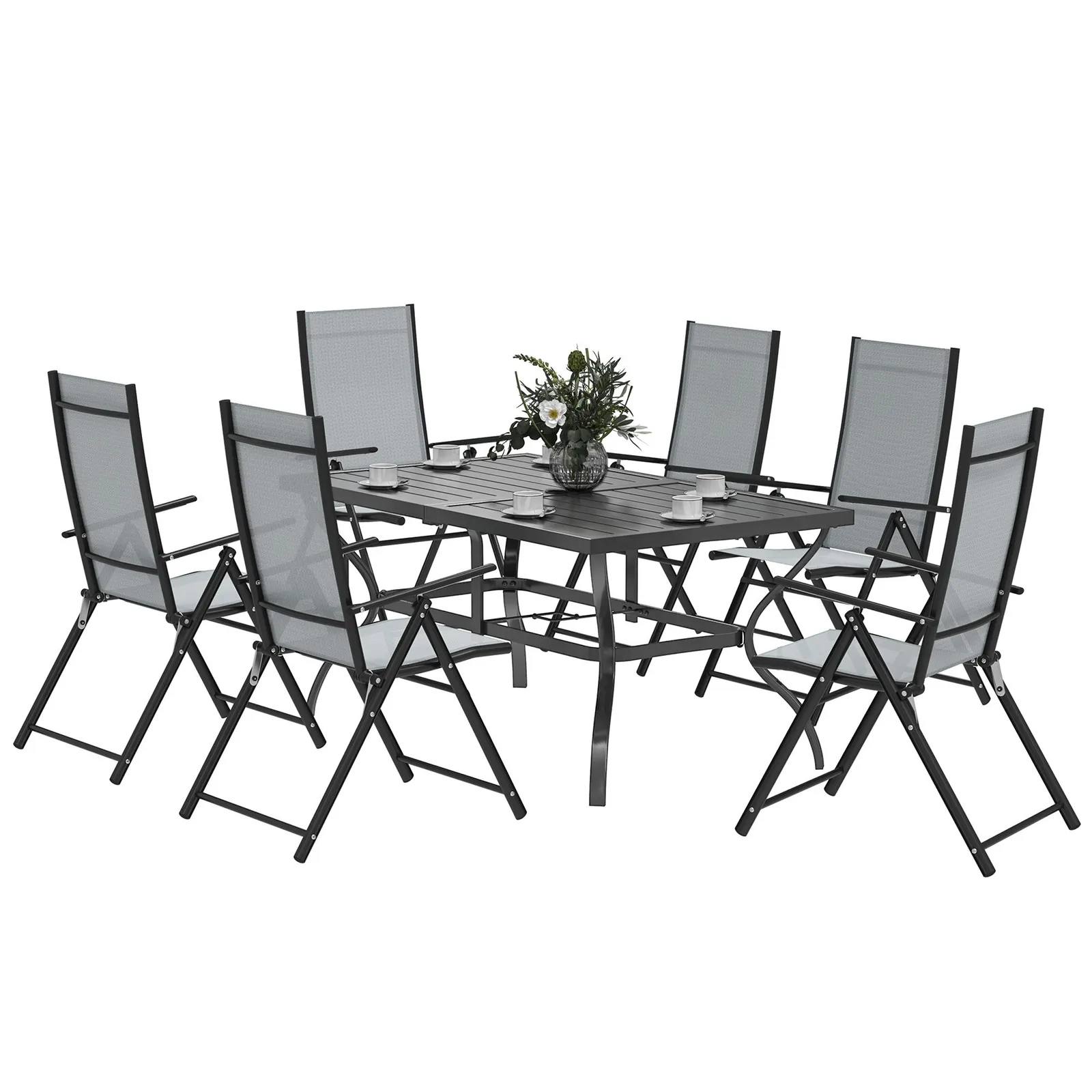 OUTSUNNY 7 PCs Garden Dining Set, Folding Chairs & Metal Top Table, Grey 2