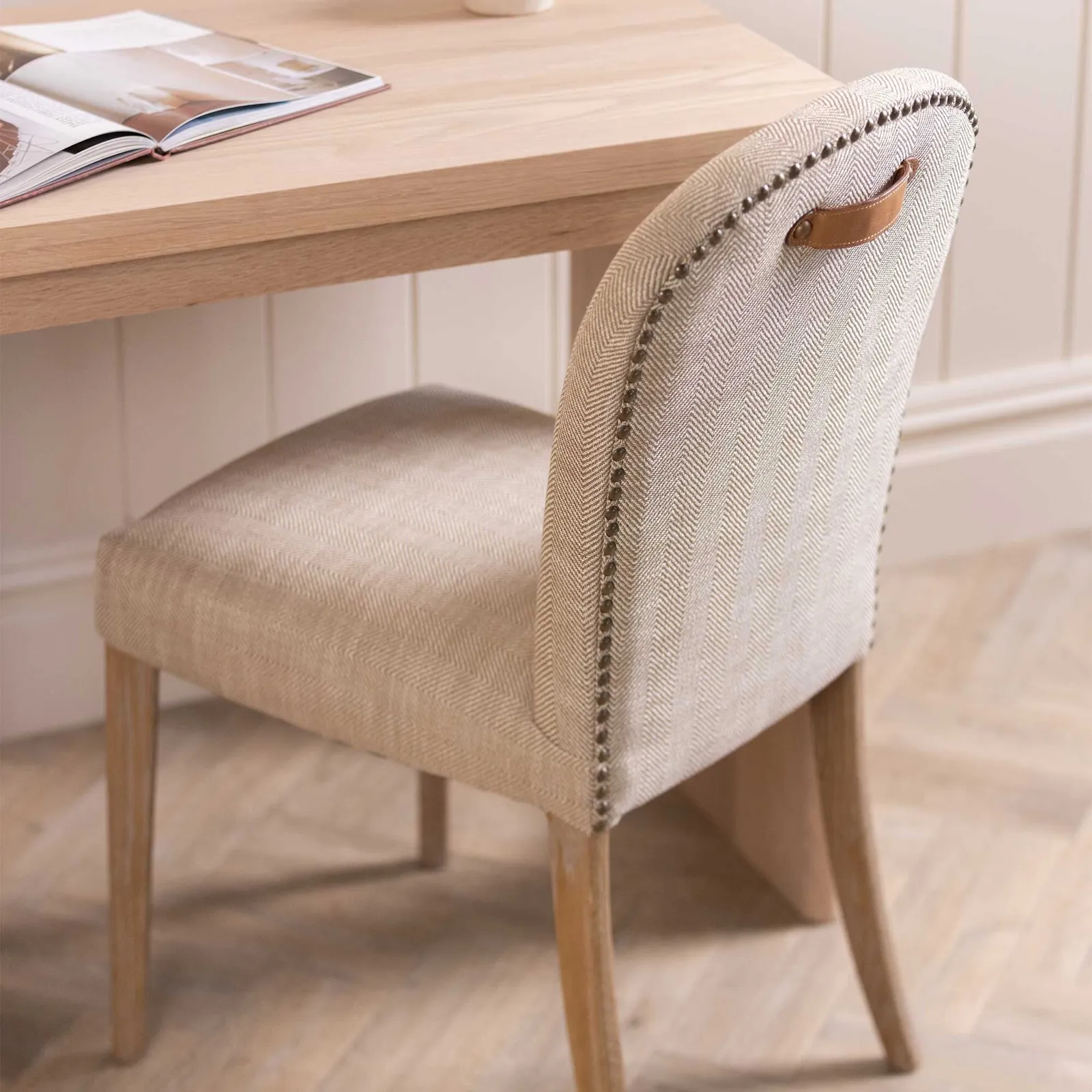 Maurice Dining Chair H'bone+Tan Handle, Neutral Fabric | Barker & Stonehouse 6