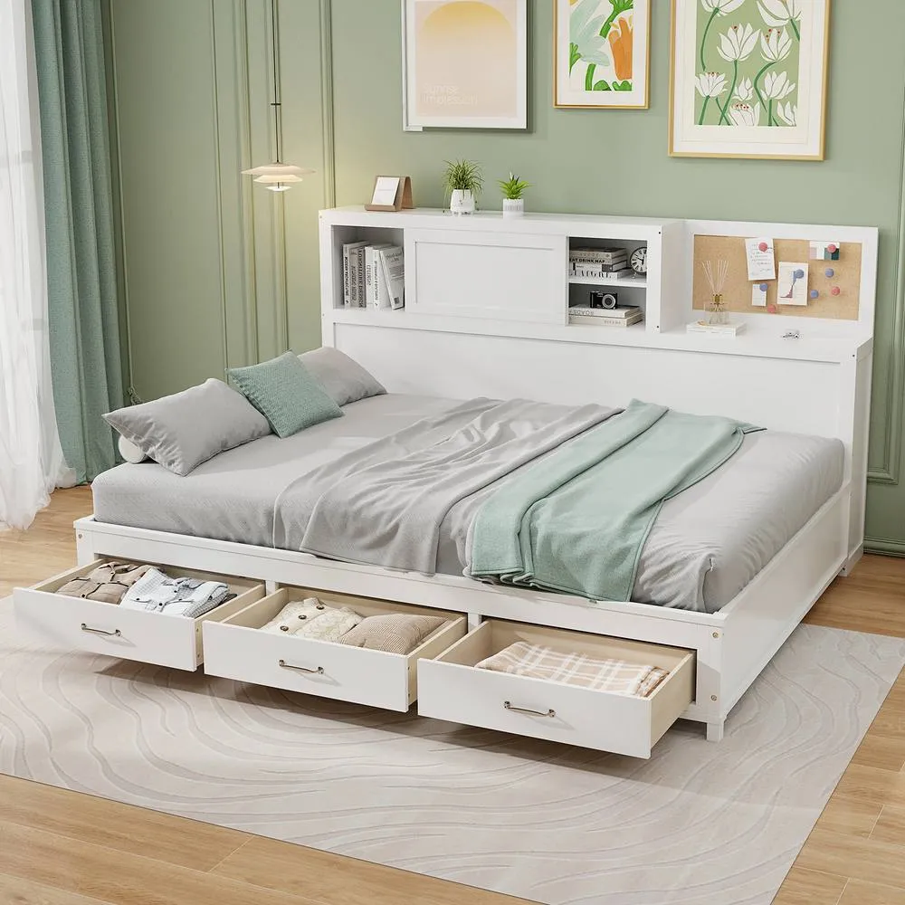 Costway Wooden Sofa Bed Frame with 3 Drawers Single/Double Size Guest Bed in White 3