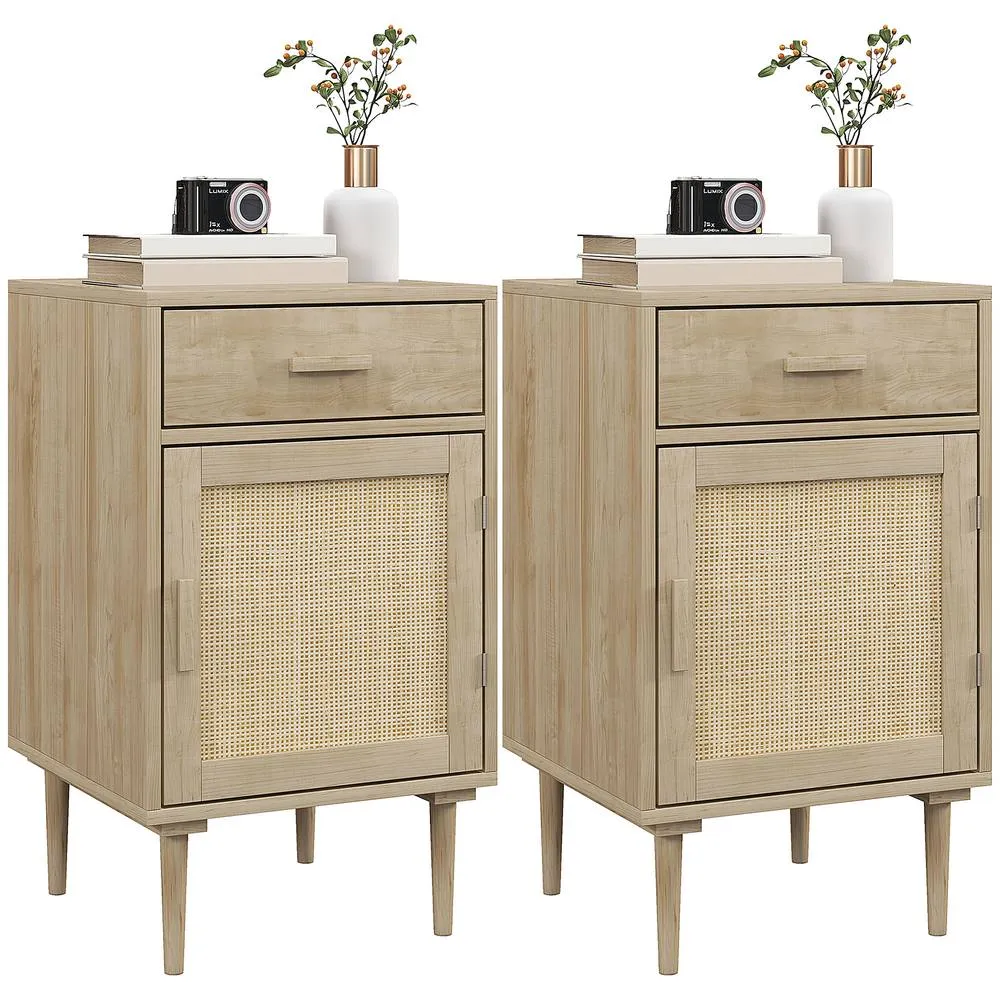 HOMCOM Bedside Cabinets Set of 2 with Drawer & Adjustable Shelf, Natural 2