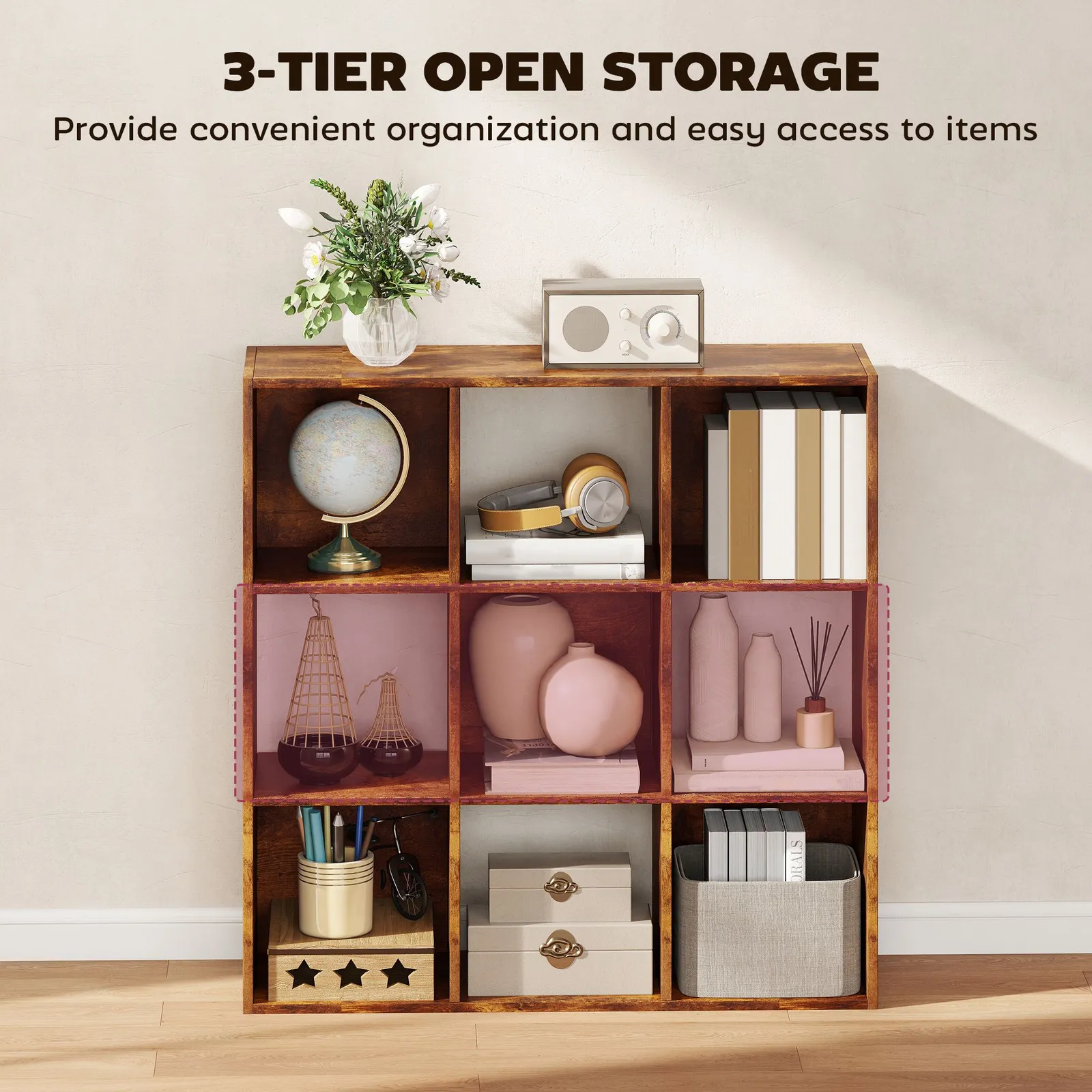 HOMCOM 3-tier Storage Cupboard Bookcase with 9 Cubes, Rustic Brown 4