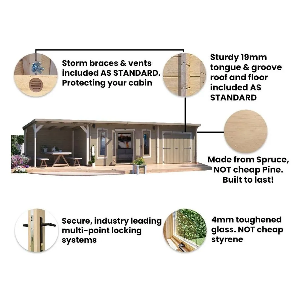 Dunster House Wooden Log Cabin With Gazebo 10.5m x 2.5m, EvilGenius in Beige 4