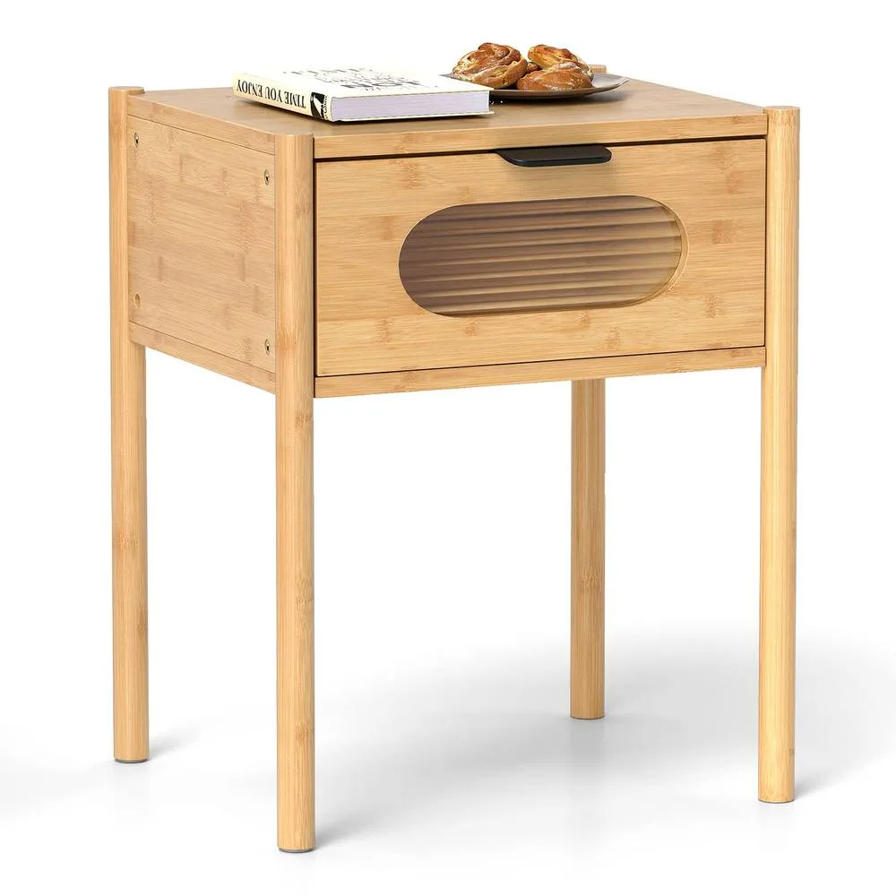 Costway Bamboo Nightstand Bedroom Farmhouse Bedside Table-Natural in Brown