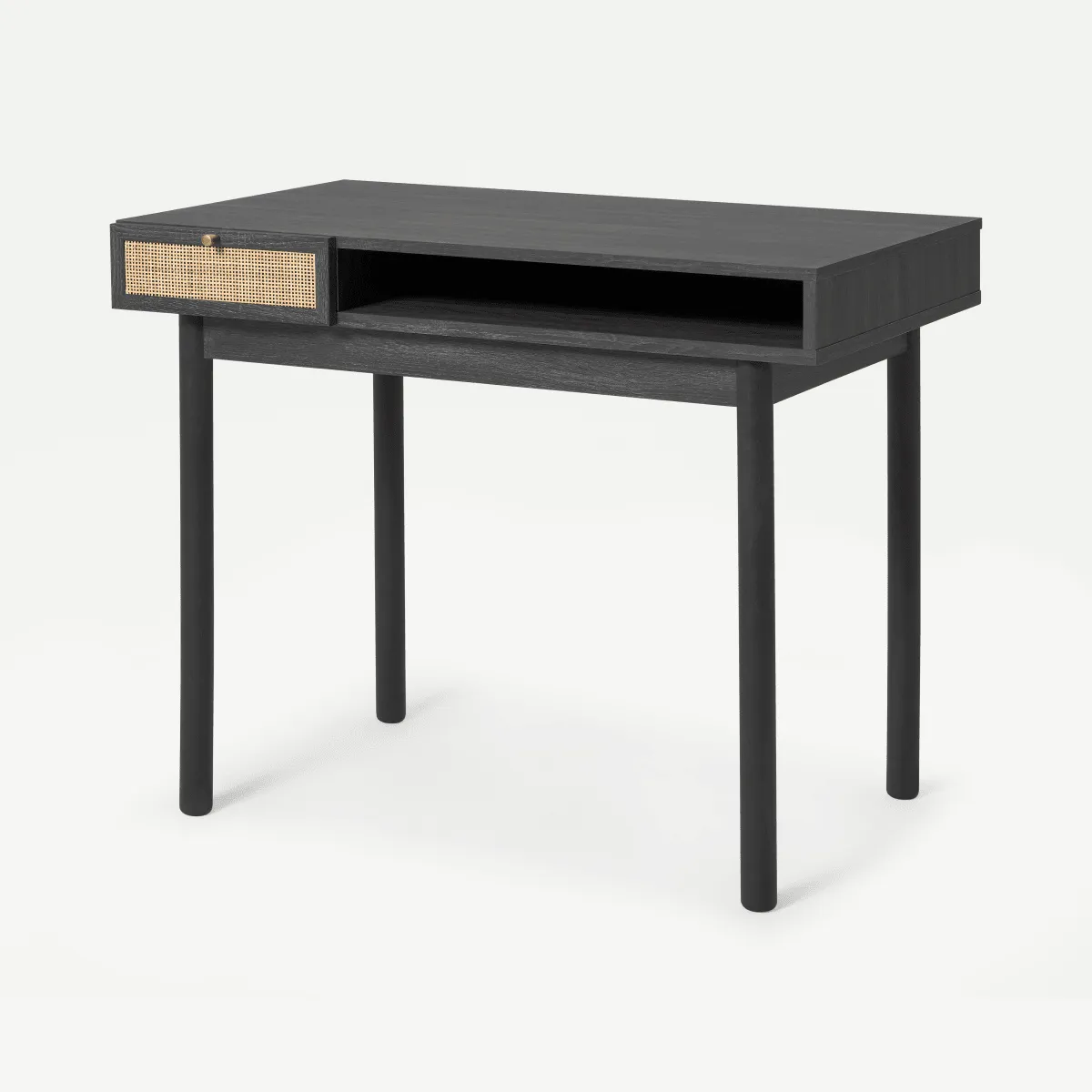 Pavia Compact Desk, Natural Rattan & Black Wood Effect