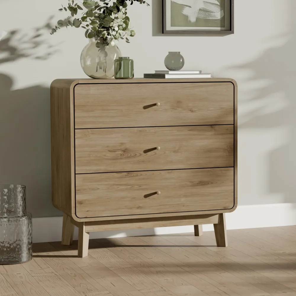 Ingrid - 3 Drawer Chest of Drawers - Light Oak - Wooden - Happy Beds
