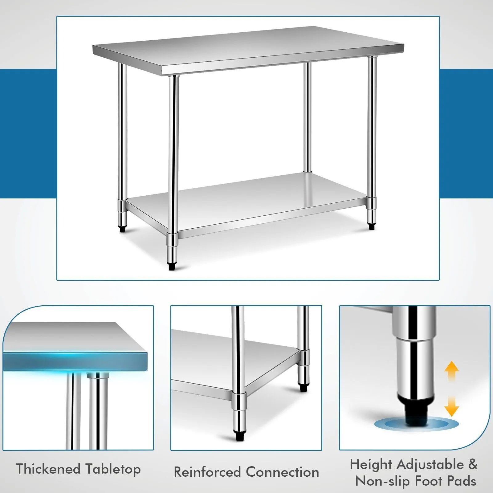 Costway 122 x 76 cm Stainless Steel Kitchen Prep Table Rolling Work Table Commercial Catering Table in Silver 5