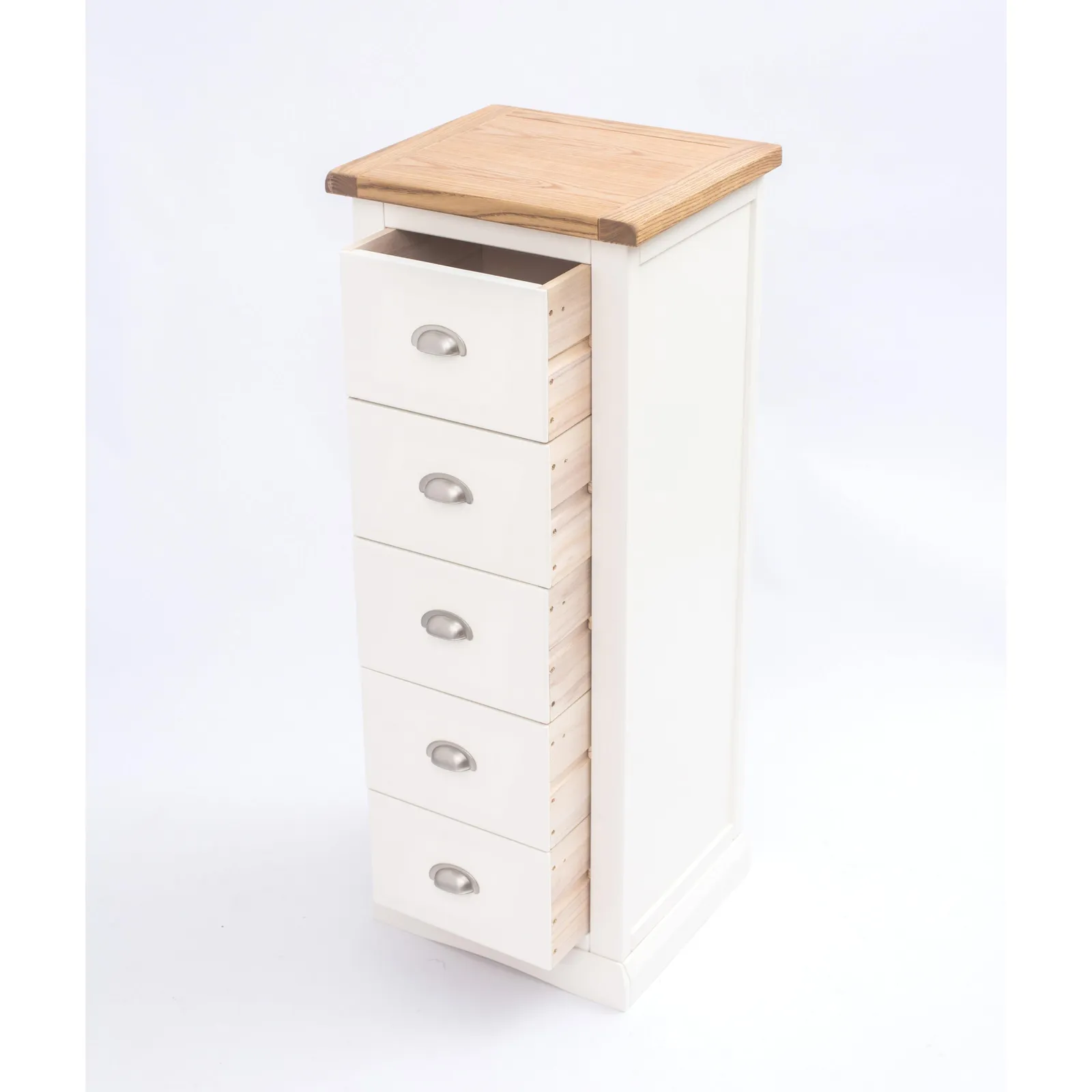Cabinet Bits Cosenza 5 Drawer Narrow Chest of Drawers Chrome Cup Handle in Off-White 5